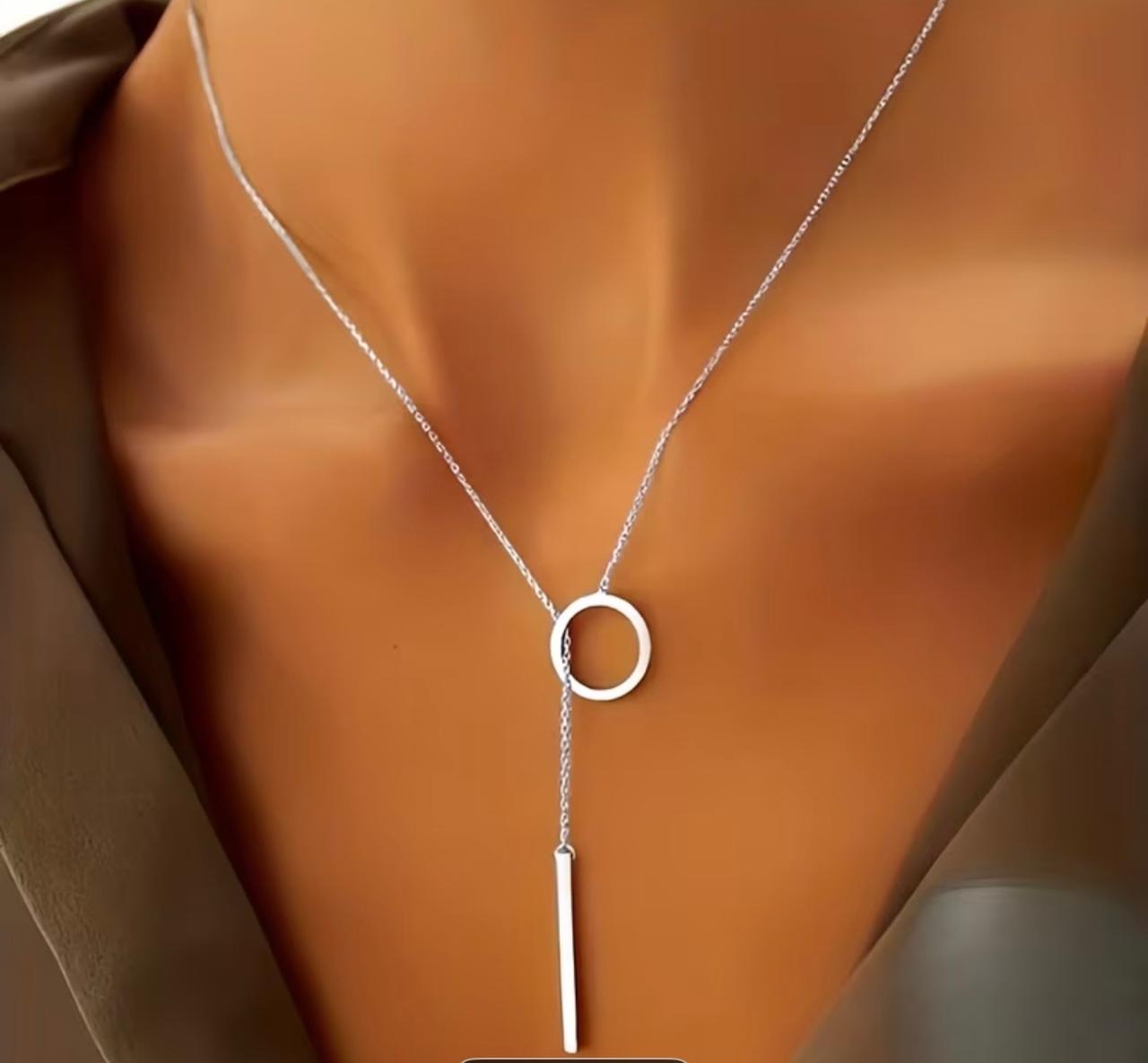 Silver Circle & Bar Lariat Necklace – Enchanted Elegance