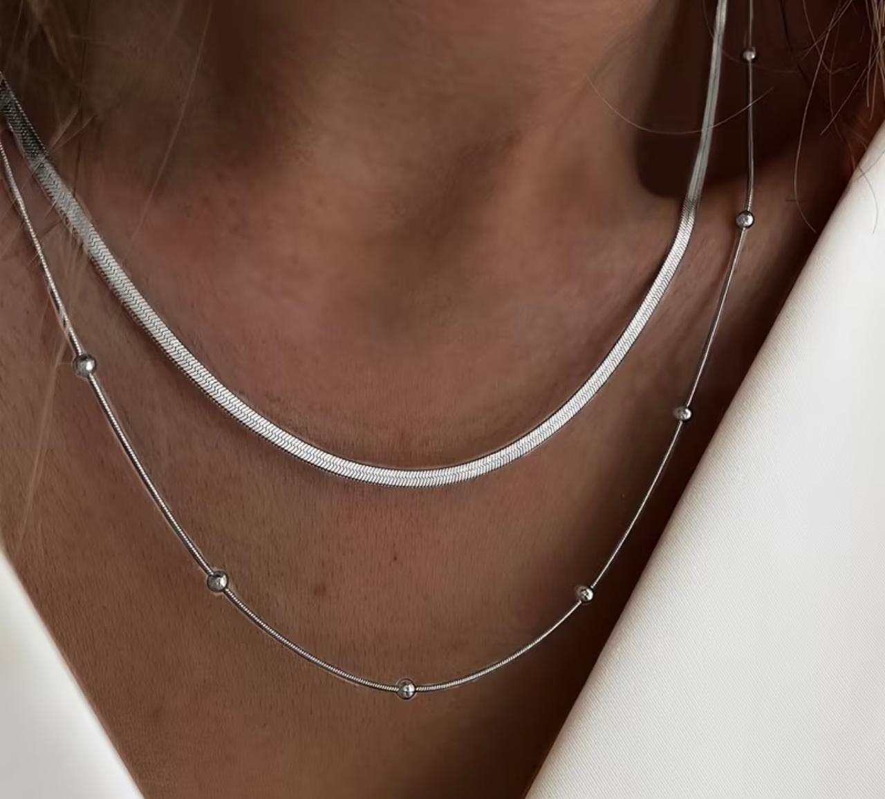 Layered Silver Herringbone Necklace Set – Enchanted Elegance